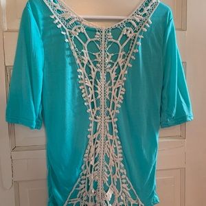Teal lace open back top